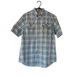 Duluth Trading Shirt Men's Size M Long Sleeve Plaid Green Blue Button Down Shirt